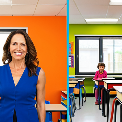 **

A woman in her late 30s/early 40s, smiling confidently. Half the image shows her in a brightly colored classroom with young children (preschool setting). The other half shows her in a modern, minimalist office, coaching a young professional. The image is split vertically. The overall tone is uplifting and emphasizes transformation and personal growth. Keywords: *career change, preschool teacher, coach, transformation, personal development, split screen, success story, Italian woman.*

**