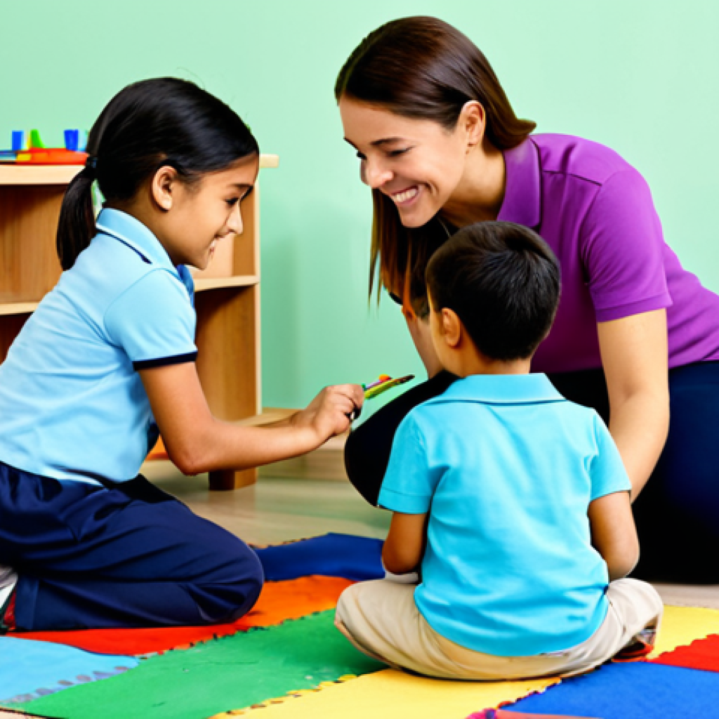 A kind female early childhood educator in a modest, professional polo shirt and comfortable trousers, kneeling on a colorful rug, actively engaging with three diverse young children in a vibrant early learning center. One child is joyfully painting at a small table with art supplies, another is building with wooden blocks on the floor, and the educator is gently reading from a picture book to a third child, all fully clothed in appropriate attire. The room is filled with natural light, child-friendly wooden furniture, and various age-appropriate, non-electronic learning materials, creating a stimulating and safe environment. Perfect anatomy, correct proportions, natural pose, well-formed hands, proper finger count, natural body proportions. Professional photography, high quality, safe for work, appropriate content, family-friendly.