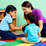 A kind female early childhood educator in a modest, professional polo shirt and comfortable trousers, kneeling on a colorful rug, actively engaging with three diverse young children in a vibrant early learning center. One child is joyfully painting at a small table with art supplies, another is building with wooden blocks on the floor, and the educator is gently reading from a picture book to a third child, all fully clothed in appropriate attire. The room is filled with natural light, child-friendly wooden furniture, and various age-appropriate, non-electronic learning materials, creating a stimulating and safe environment. Perfect anatomy, correct proportions, natural pose, well-formed hands, proper finger count, natural body proportions. Professional photography, high quality, safe for work, appropriate content, family-friendly.