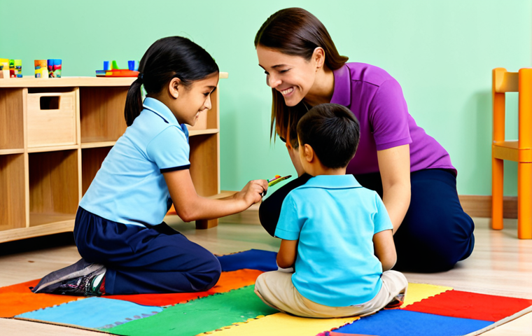 A kind female early childhood educator in a modest, professional polo shirt and comfortable trousers, kneeling on a colorful rug, actively engaging with three diverse young children in a vibrant early learning center. One child is joyfully painting at a small table with art supplies, another is building with wooden blocks on the floor, and the educator is gently reading from a picture book to a third child, all fully clothed in appropriate attire. The room is filled with natural light, child-friendly wooden furniture, and various age-appropriate, non-electronic learning materials, creating a stimulating and safe environment. Perfect anatomy, correct proportions, natural pose, well-formed hands, proper finger count, natural body proportions. Professional photography, high quality, safe for work, appropriate content, family-friendly.