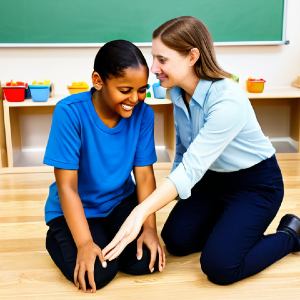 A compassionate female early childhood educator, fully clothed in modest, comfortable professional attire, kneeling gently to a child's eye level. She is engaged in a creative play activity with a diverse group of young children, who are happily building with colorful, open-ended materials in a bright, modern classroom. The educator is observing and facilitating, demonstrating empathy and active listening. The environment is welcoming, with natural light and child-friendly furniture. safe for work, appropriate content, family-friendly, fully clothed, perfect anatomy, correct proportions, natural pose, well-formed hands, proper finger count, natural body proportions, professional photography, high quality.