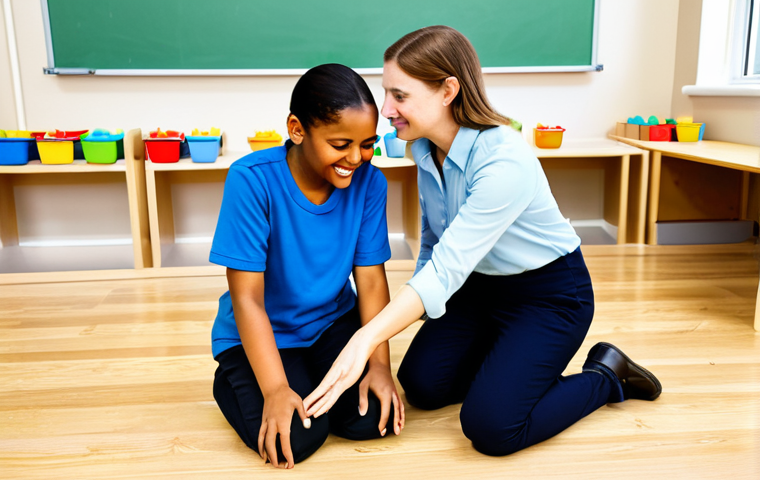 A compassionate female early childhood educator, fully clothed in modest, comfortable professional attire, kneeling gently to a child's eye level. She is engaged in a creative play activity with a diverse group of young children, who are happily building with colorful, open-ended materials in a bright, modern classroom. The educator is observing and facilitating, demonstrating empathy and active listening. The environment is welcoming, with natural light and child-friendly furniture. safe for work, appropriate content, family-friendly, fully clothed, perfect anatomy, correct proportions, natural pose, well-formed hands, proper finger count, natural body proportions, professional photography, high quality.