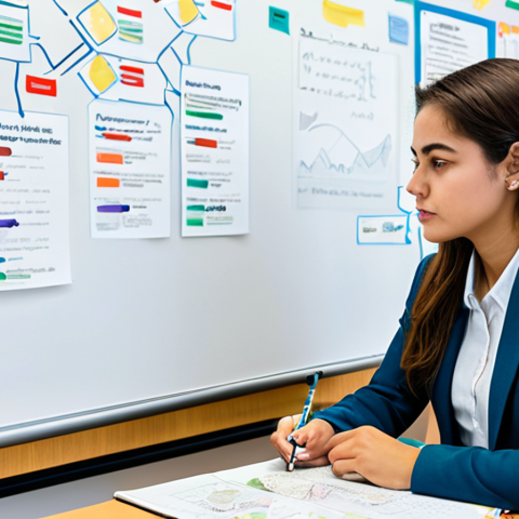 A professional female early childhood education student in modest, professional attire, seated at a clean, modern study desk in a bright, organized university library. She is engaged in active learning, surrounded by open textbooks and a tablet displaying educational content. She looks thoughtfully at a large, colorful mind map drawn on a whiteboard, with a pen in hand, indicating deep contemplation and the connection of concepts. High-resolution, professional photography, soft natural light, clean focus, fully clothed, appropriate attire, safe for work, perfect anatomy, correct proportions, natural pose, well-formed hands, proper finger count, natural body proportions, professional.