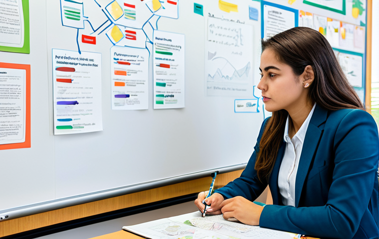 A professional female early childhood education student in modest, professional attire, seated at a clean, modern study desk in a bright, organized university library. She is engaged in active learning, surrounded by open textbooks and a tablet displaying educational content. She looks thoughtfully at a large, colorful mind map drawn on a whiteboard, with a pen in hand, indicating deep contemplation and the connection of concepts. High-resolution, professional photography, soft natural light, clean focus, fully clothed, appropriate attire, safe for work, perfect anatomy, correct proportions, natural pose, well-formed hands, proper finger count, natural body proportions, professional.