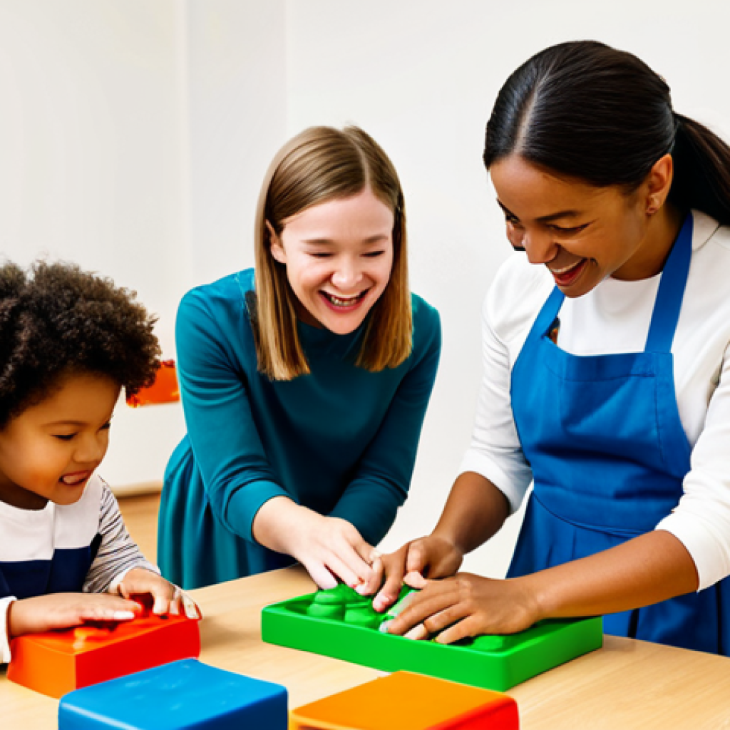 A diverse group of young children, fully clothed in comfortable, modest play attire, engaged in various enriching play-based learning activities in a brightly lit, modern early childhood education center. An attentive, professional female educator, fully clothed in appropriate, professional dress, observes the children with a warm, encouraging demeanor. Children are building with large blocks, exploring a sensory table, and engaging in collaborative art. The atmosphere is joyful and focused, emphasizing learning through discovery.