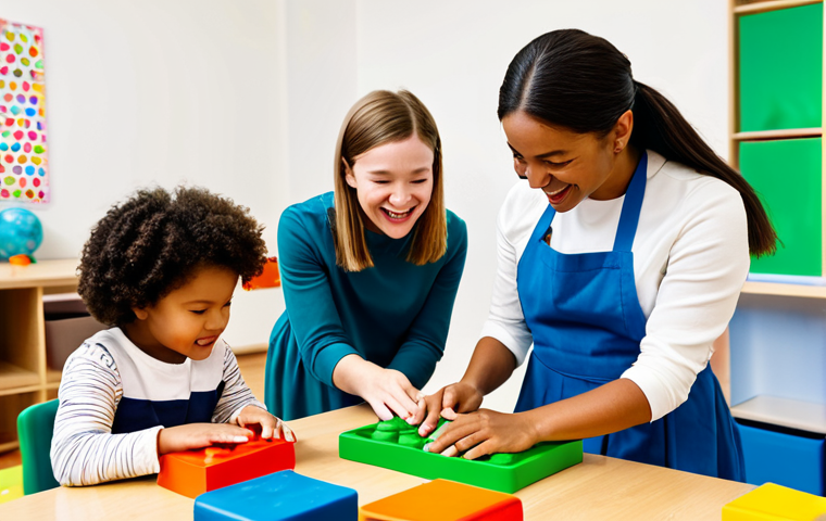 A diverse group of young children, fully clothed in comfortable, modest play attire, engaged in various enriching play-based learning activities in a brightly lit, modern early childhood education center. An attentive, professional female educator, fully clothed in appropriate, professional dress, observes the children with a warm, encouraging demeanor. Children are building with large blocks, exploring a sensory table, and engaging in collaborative art. The atmosphere is joyful and focused, emphasizing learning through discovery.