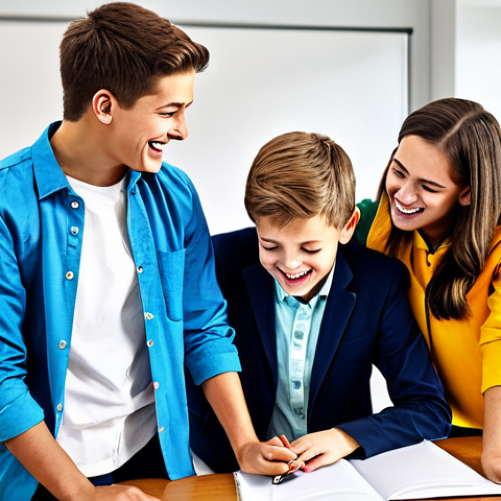 **
"A group of cheerful students collaborating on a project in a bright and modern classroom, fully clothed, appropriate attire, safe for work, demonstrating teamwork, natural proportions, professional educational illustration, high quality, family-friendly."
**
