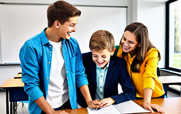 **

"A group of cheerful students collaborating on a project in a bright and modern classroom, fully clothed, appropriate attire, safe for work, demonstrating teamwork, natural proportions, professional educational illustration, high quality, family-friendly."

**