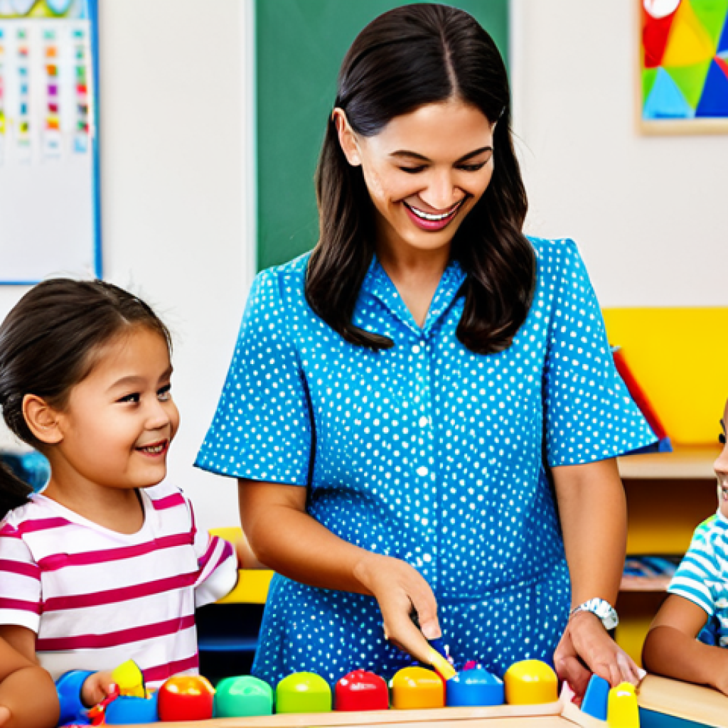 **
"A dedicated early childhood educator in a bright and cheerful classroom, surrounded by colorful educational toys and engaged children. She is fully clothed in appropriate attire, leading an activity involving storytelling and creative expression. Safe for work, appropriate content, professional setting, perfect anatomy, natural proportions, family-friendly environment."
**