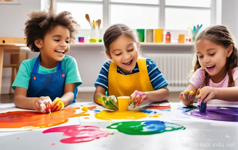 유아교육지도사 교육 실습 중 에피소드 모음 - **Vibrant "Creative Chaos" Art Session:** A bright and colorful classroom scene where five preschool...