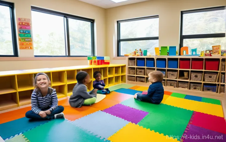 유아교육지도사로서의 리더십 스킬 - A vibrant, wide-angle shot of a beautifully designed early childhood classroom filled with natural l...