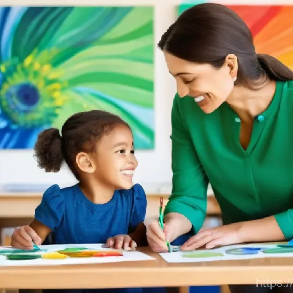 유아교육지도사로서 중요한 윤리 강령 - **Prompt:** A brightly lit, colorful early childhood classroom. A smiling, attentive female educator...