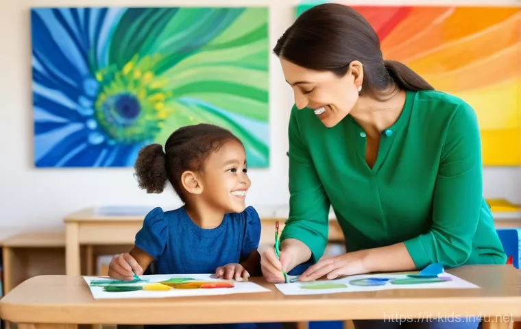 유아교육지도사로서 중요한 윤리 강령 - **Prompt:** A brightly lit, colorful early childhood classroom. A smiling, attentive female educator...