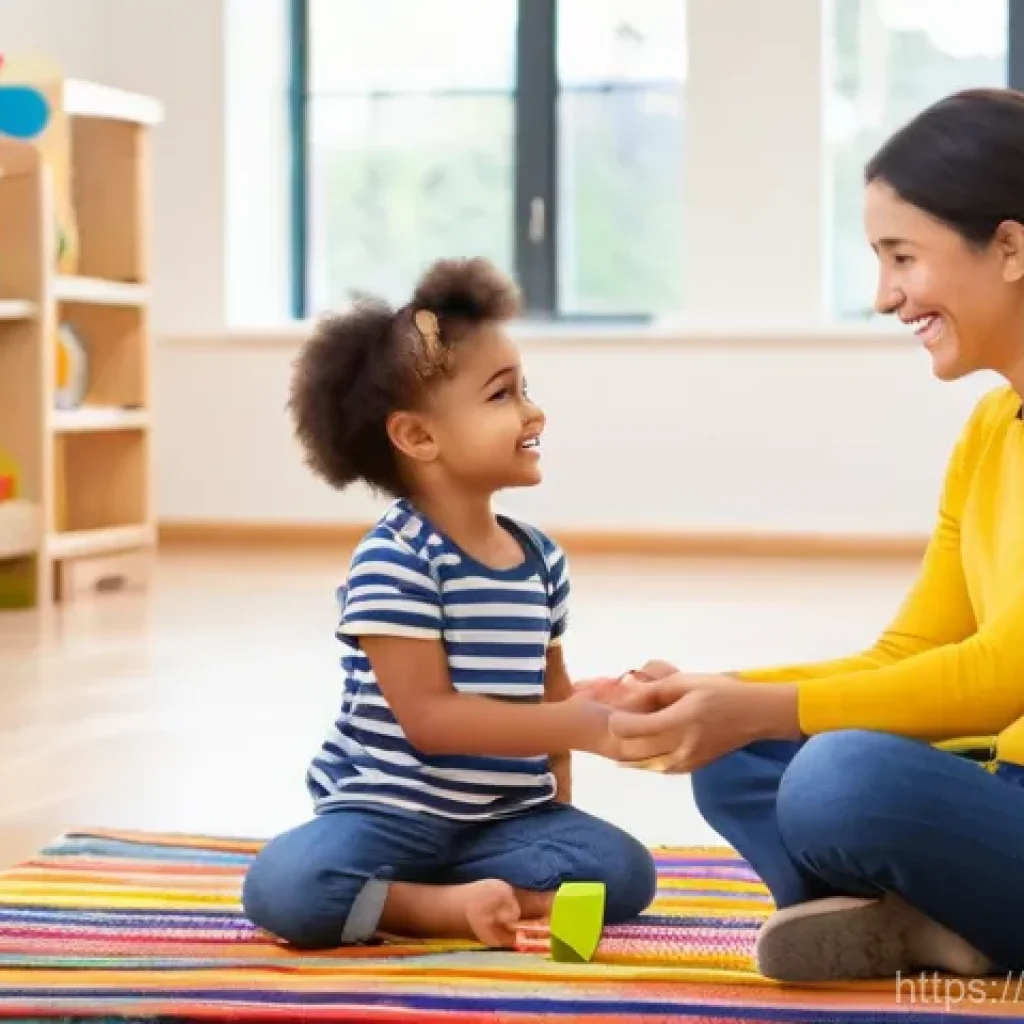 유아교육지도사로서의 직장 내 의사소통 문제 해결 - A vibrant and warm kindergarten classroom scene. A kind female educator, in her late 20s to early 30...