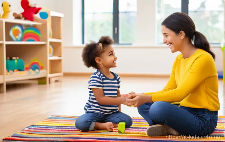 유아교육지도사로서의 직장 내 의사소통 문제 해결 - A vibrant and warm kindergarten classroom scene. A kind female educator, in her late 20s to early 30...