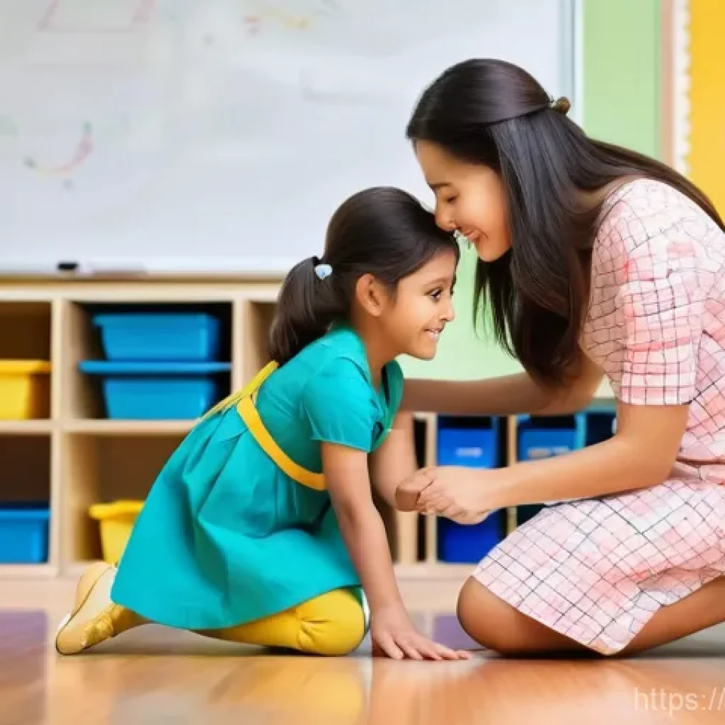 유아교육지도사로서의 직장 내 소통 문제 해결법 - **Prompt:** A warm and empathetic female preschool teacher with a gentle smile, kneeling down to be ...