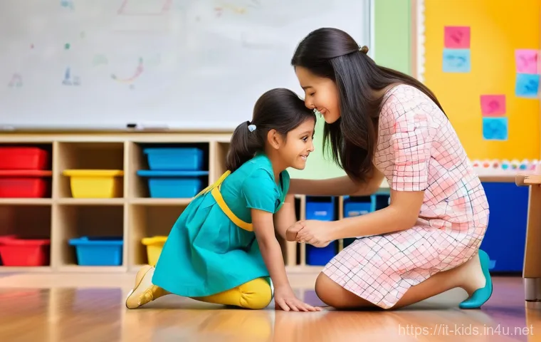 유아교육지도사로서의 직장 내 소통 문제 해결법 - **Prompt:** A warm and empathetic female preschool teacher with a gentle smile, kneeling down to be ...