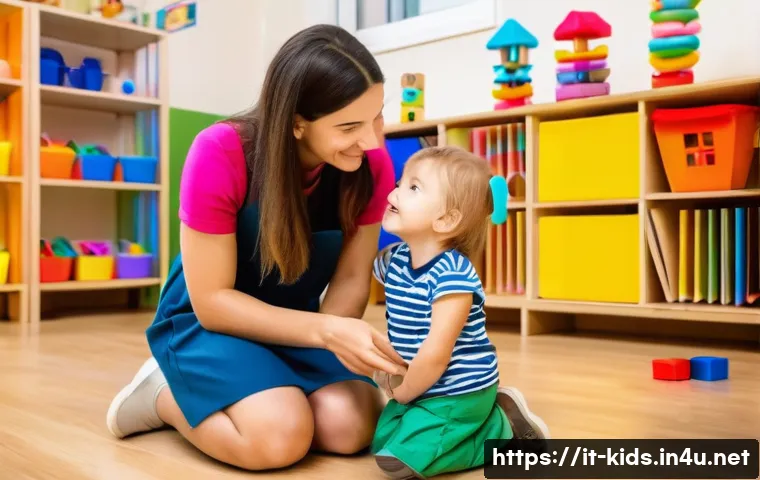 유아교육지도사로서 필요한 윤리 의식 - A warm and brightly lit early childhood classroom in Italy (scuola dell'infanzia). A kind and empath...