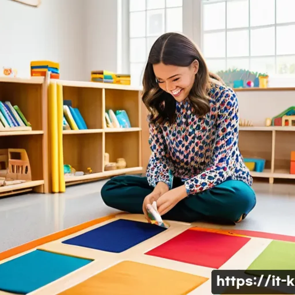 유아교육지도사 강의 준비의 중요성 - A cheerful female early childhood educator, dressed in comfortable yet professional attire (e.g., a ...