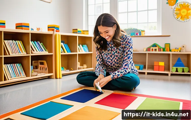 유아교육지도사 강의 준비의 중요성 - A cheerful female early childhood educator, dressed in comfortable yet professional attire (e.g., a ...