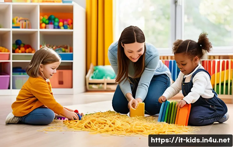 유아교육지도사 경력개발 로드맵 - A vibrant and inviting indoor early childhood classroom, bustling with activity. A diverse group of ...