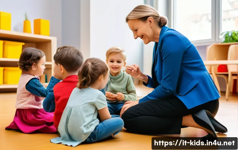 유아교육지도사 해외 취업 가능성 - **Prompt:** A warm, vibrant scene inside a modern, well-equipped kindergarten in Germany. An Italian...
