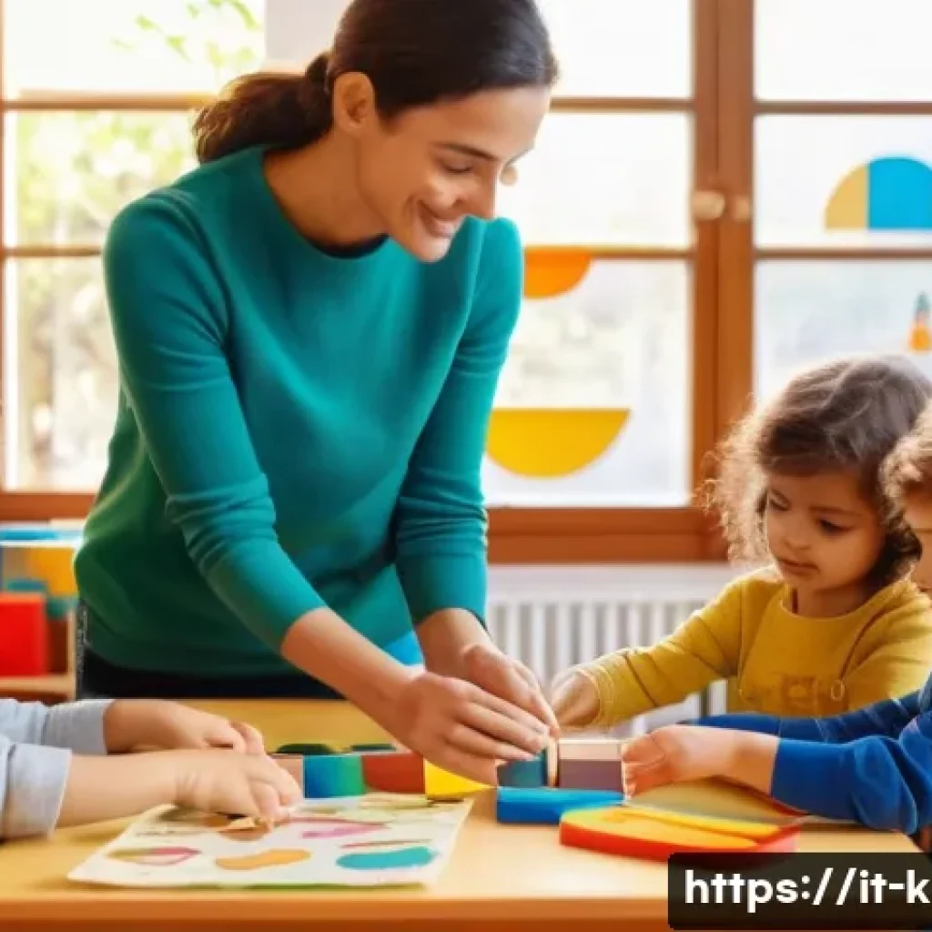 유아교육지도사 경력 관리를 위한 블로그 운영법 - A bright and warm classroom scene in an Italian preschool, showing a female educator engaging with a...