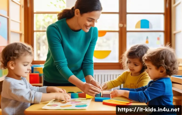 유아교육지도사 경력 관리를 위한 블로그 운영법 - A bright and warm classroom scene in an Italian preschool, showing a female educator engaging with a...