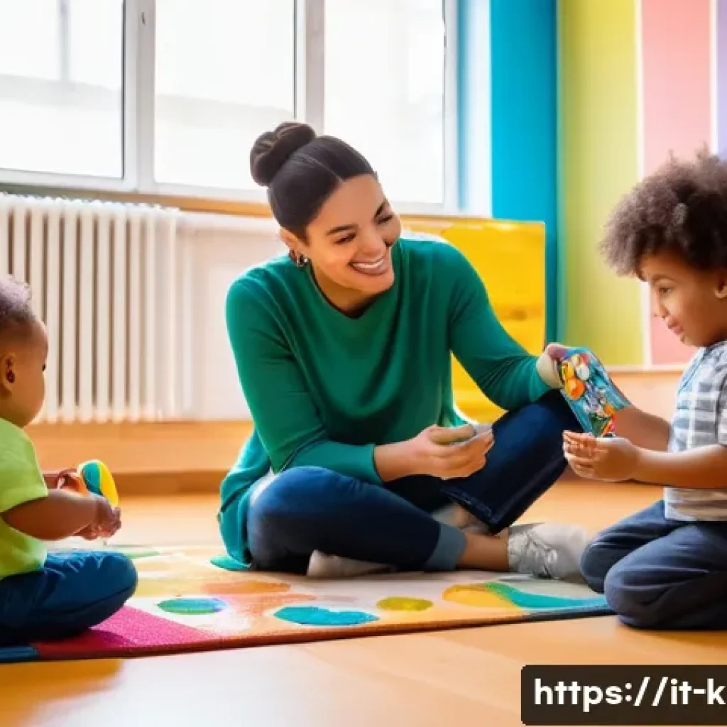유아교육지도사 실무와 자격증 시험의 연결점 - A warm and engaging early childhood educator interacting with a small group of diverse toddlers in a...