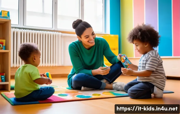 유아교육지도사 실무와 자격증 시험의 연결점 - A warm and engaging early childhood educator interacting with a small group of diverse toddlers in a...