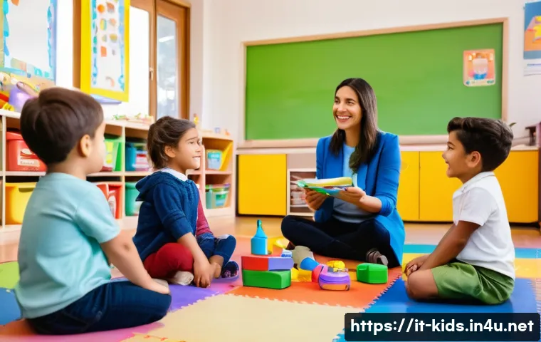 유아교육지도사 근무 형태별 장단점 - A warm, lively Italian public kindergarten classroom scene during daytime, featuring a diverse group...