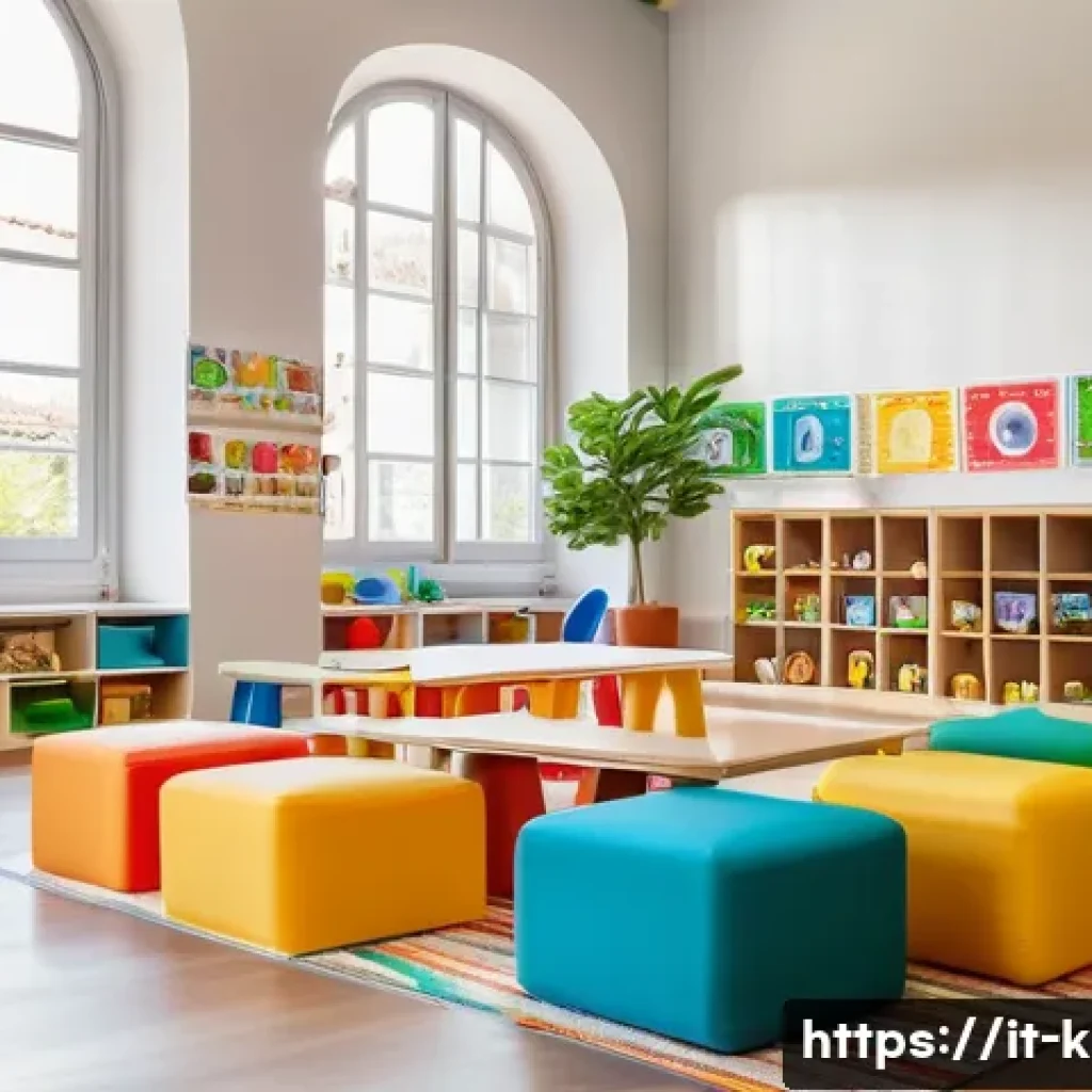 유아교육지도사로서 경력 개발을 위한 활동 사례 - A bright and modern early childhood classroom setting in Italy, designed with flexible learning spac...