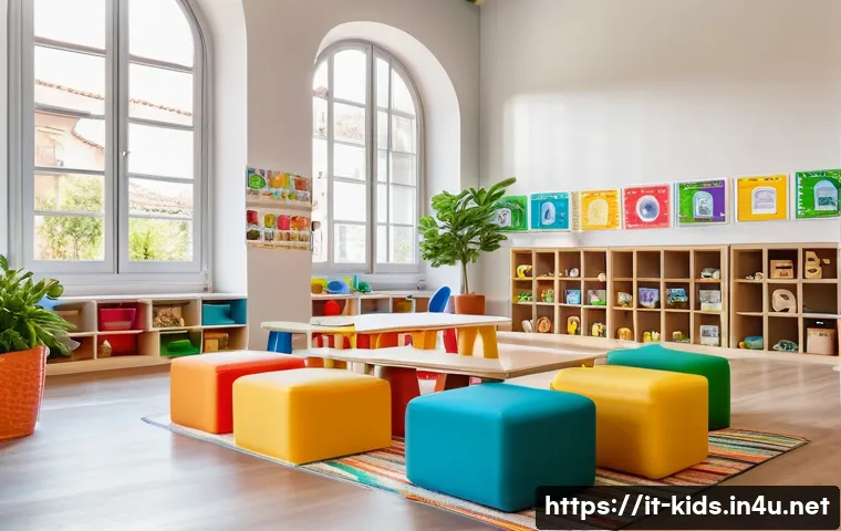 유아교육지도사로서 경력 개발을 위한 활동 사례 - A bright and modern early childhood classroom setting in Italy, designed with flexible learning spac...