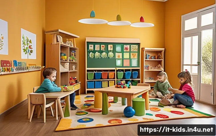 유아교육지도사 강의 계획 작성법 사례 분석 - A bright and inviting early childhood classroom scene set in Italy, featuring a diverse group of chi...