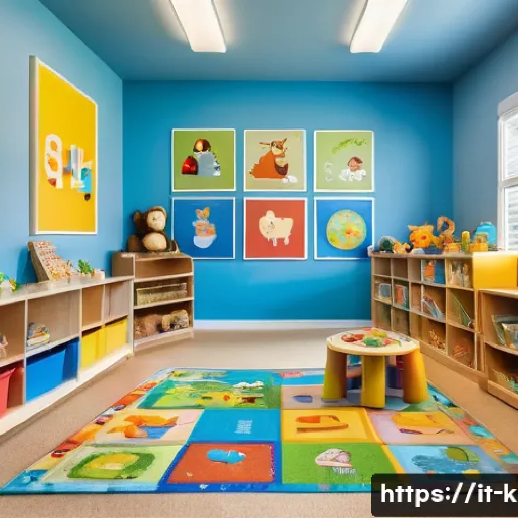 유아교육지도사 강의 중 활용할 수 있는 다양한 자료 - A bright and colorful early childhood classroom scene featuring low shelves filled with illustrated ...