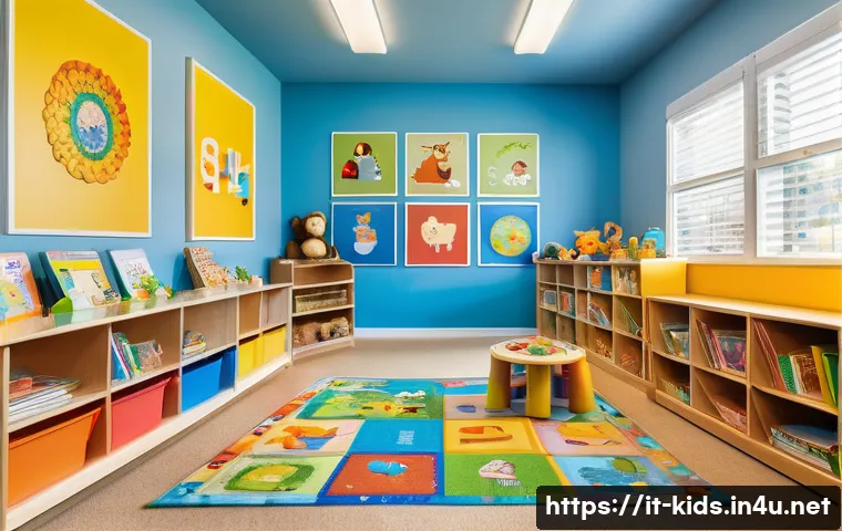 유아교육지도사 강의 중 활용할 수 있는 다양한 자료 - A bright and colorful early childhood classroom scene featuring low shelves filled with illustrated ...