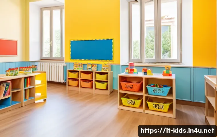 유아교육지도사로서 직무 만족도 높이는 법 - A bright and organized early childhood classroom in Italy, featuring neatly arranged educational mat...