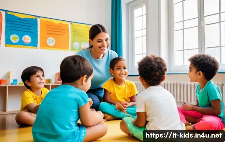 유아교육지도사로서의 직업 만족도 - A warm, bright classroom scene in Italy, featuring a diverse group of young children around 3-5 year...