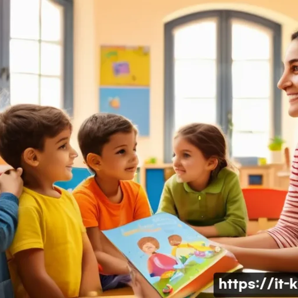 유아교육지도사 업무 중 소통 능력 개발 - A warm and inviting early childhood classroom scene in Italy, showing a female educator attentively ...
