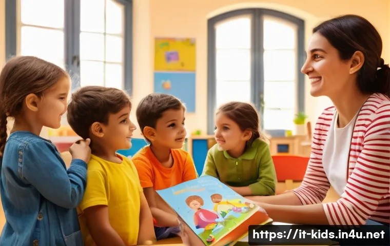 유아교육지도사 업무 중 소통 능력 개발 - A warm and inviting early childhood classroom scene in Italy, showing a female educator attentively ...