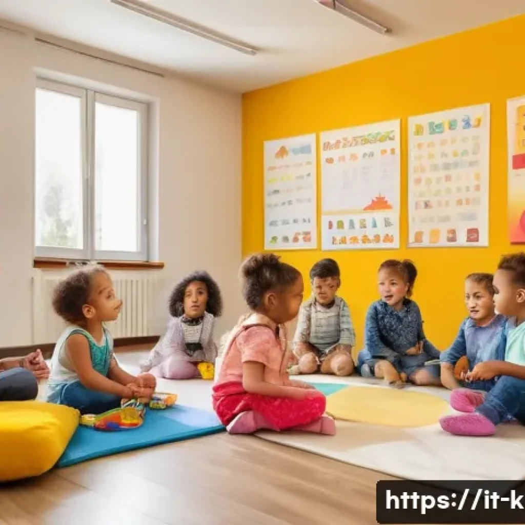 유아교육지도사 실기시험 중 발생할 수 있는 오류 - A warm and inviting early childhood classroom scene in Italy, featuring a diverse group of children ...