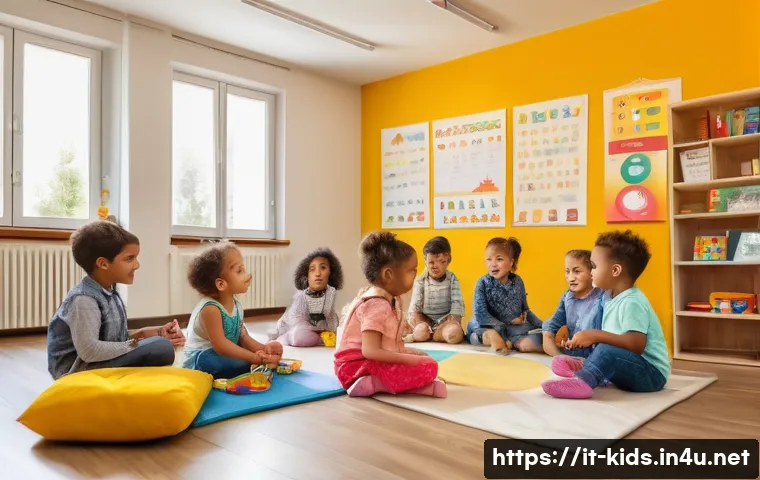 유아교육지도사 실기시험 중 발생할 수 있는 오류 - A warm and inviting early childhood classroom scene in Italy, featuring a diverse group of children ...