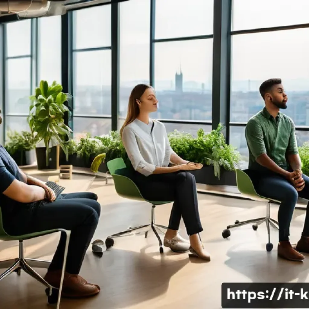 유아교육지도사로서 근무 중 스트레스 해소법 - A peaceful office break scene showing a diverse group of young professionals practicing mindful brea...