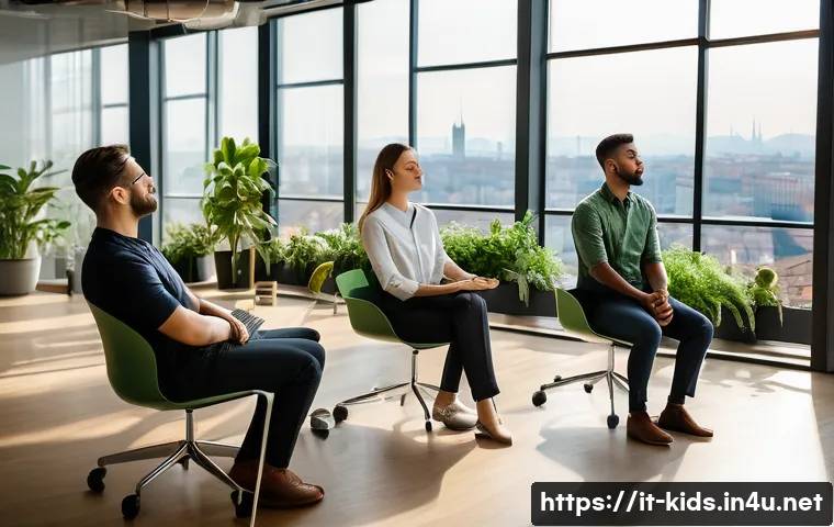 유아교육지도사로서 근무 중 스트레스 해소법 - A peaceful office break scene showing a diverse group of young professionals practicing mindful brea...