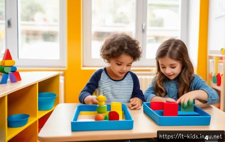 유아교육지도사로서의 커리어 전환 성공 사례 - A warm and inviting early childhood education classroom in Italy, showcasing a Montessori-inspired l...