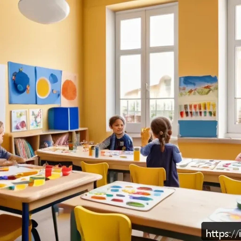 유아교육지도사로서의 커리어 개발 방향성 - A bright and colorful early childhood classroom scene in Italy, featuring young children wearing cas...