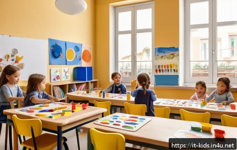 유아교육지도사로서의 커리어 개발 방향성 - A bright and colorful early childhood classroom scene in Italy, featuring young children wearing cas...