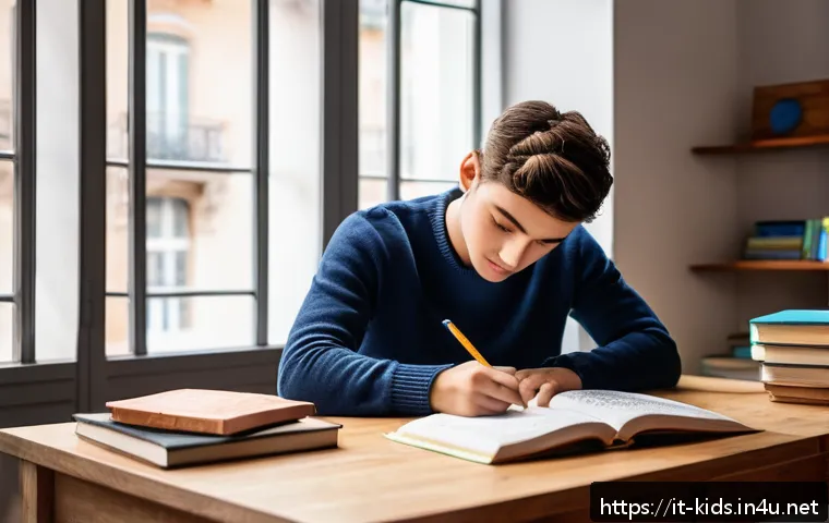 유아교육지도사 필기시험 합격률을 높이는 방법 - A cozy study room scene featuring a young adult Italian student sitting at a wooden desk with a deta...
