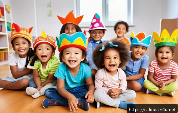 유아교육지도사 강의 중 활용 가능한 유머와 아이디어 - A warm and inviting kindergarten classroom scene filled with diverse young children wearing colorful...