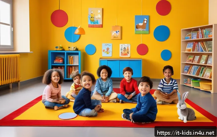 유아교육지도사 관련 동영상 콘텐츠 제작법 - A cheerful preschool classroom scene in Italy, brightly lit with vivid primary colors like yellow, r...